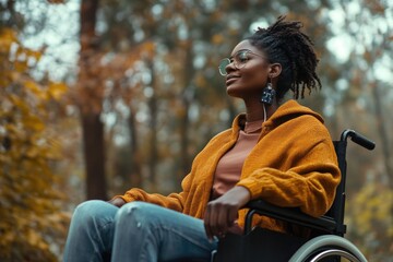 Aufkleber - A woman sits in her wheelchair surrounded by nature in the woods