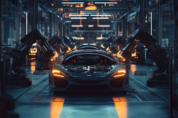 Poster - A car is parked inside an industrial factory setting, surrounded by machinery and equipment