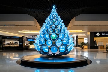 Poster - Floating digital Christmas tree made of light particles, with each ornament representing a family memberâ€™s location in real-time, connecting loved ones across the globe