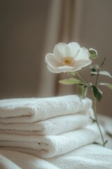 Aufkleber - A stack of white towels with a single flower on top