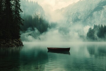 Poster - A small boat floats calmly on the surface of a peaceful lake, surrounded by lush greenery and clear blue water