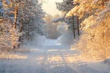 Aufkleber - A winding snowy path through a dense forest, great for winter scenes or outdoor activities
