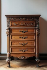 Poster - A wooden dresser sits on a dark hardwood floor, ready for use