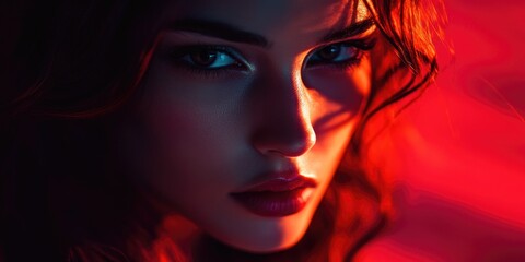 Poster - A close-up shot of a woman's face illuminated by red lighting, conveying intimacy and sensuality