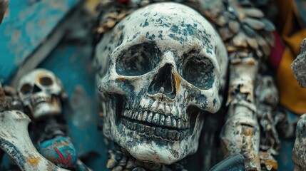 Poster - A detailed view of a skull sculpture, useful for symbolizing mortality or the macabre