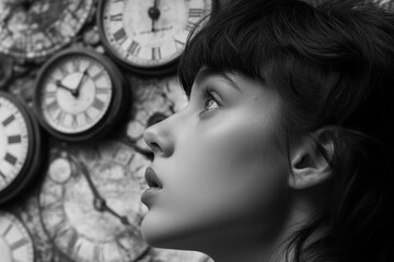 Poster - A woman looks up at a wall of clocks, contemplating time and its passage