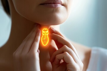 Poster - A woman holds her hand to her chest, surrounded by a bright yellow glow from her necklace