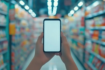 a customer examining products on display while using their mobile device