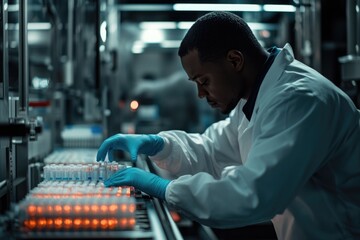 Canvas Print - A scientist in a lab coat and blue gloves working on a machine, with tools and equipment nearby