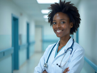 nurse smiling, female nurse in hospital with front stethoscope
