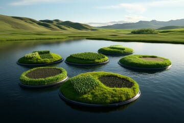 Poster - Floating rural farm islands, where each floating piece of land grows different crops and livestock, using advanced technology to sustain life in a futuristic world