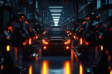 Aufkleber - Production line with cars on an assembly line with orange lighting, suitable for industrial or manufacturing themed projects
