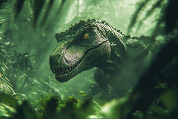 Poster - Close-up shot of a dinosaur amidst lush greenery in a dense jungle