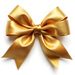 © Ольга - A neatly tied, shiny golden satin ribbon bow with smooth, flowing loops and pointed ends, displayed on a clean white background. It radiates elegance and festive charm.