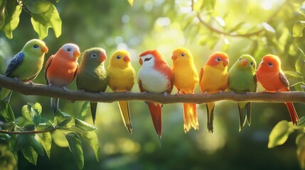 Poster - A group of vibrant birds sit together on a tree branch, showcasing their unique plumage and feathered beauty