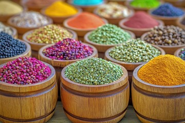 Poster - Assortment of spices in traditional wooden bowls on a table