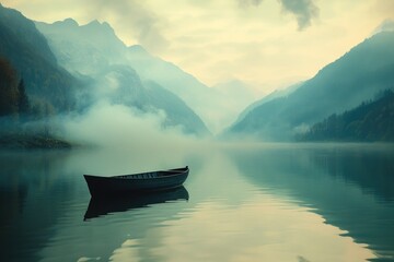 Aufkleber - A small boat floating on the surface of a peaceful lake