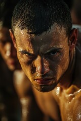 Poster - A close-up shot of a man's face with water dripping down