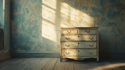 Wall Mural - A dresser in a cozy room with a blue-painted wall, suitable for home decor or interior design projects