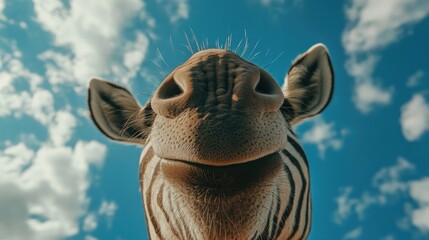 Aufkleber - Close-up shot of a giraffe's face with clouds in the background, great for wildlife or nature-themed designs