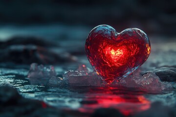Poster - A red heart-shaped object sits atop a frozen surface