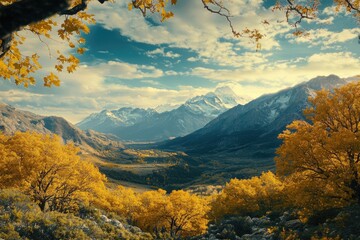 Poster - A serene landscape featuring a mountain range with trees in the foreground, perfect for use in nature-inspired designs or as a background element