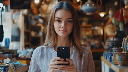 Poster - A woman examining her cell phone, possibly texting or browsing