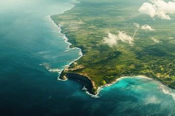 Poster - Aerial view of the coastline with ocean and land, suitable for travel or geography-related projects