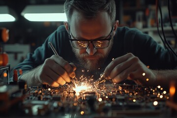 Poster - Man assembling electronic components on a circuit board