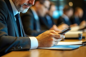 Sticker - A person sitting at a table with a cell phone in hand, possibly checking messages or making calls