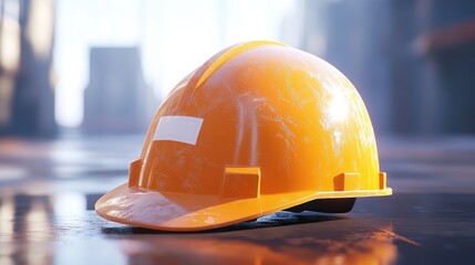 Canvas Print - A hard hat sitting on a table, perfect for illustrations about construction safety or office settings