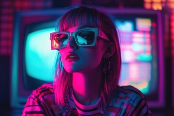 Poster - A woman wearing sunglasses sits in front of a television