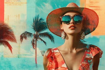Poster - A woman stands in front of a palm tree, wearing a hat and sunglasses
