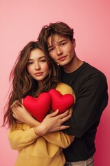 Poster - A romantic moment between two people embracing each other with a bright red heart in the center