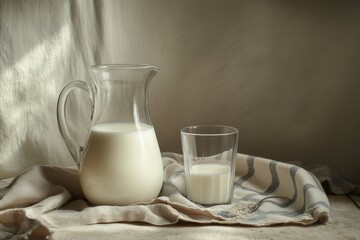 Aufkleber - A pitcher of milk next to a glass, ideal for food and beverage scenes or still life photography
