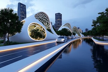 Poster - Futuristic city where natural elements like towering trees and flowing rivers are seamlessly integrated with advanced technology