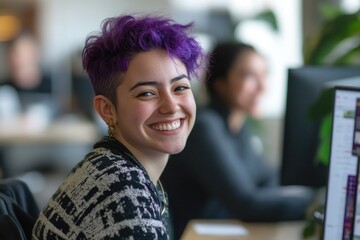 Poster - A woman with distinctive purple hair sits in front of a computer, focused on her work