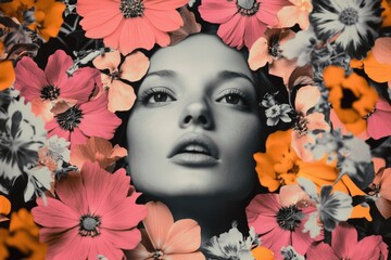 Poster - A black and white photo of a woman surrounded by flowers