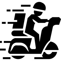 Sticker - food delivery rider or parcel courier driver rides a motorbike at a fast and express solid or glyph icon