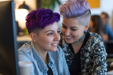 Poster - Two women using computers at a table, possibly collaborating or working independently