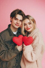 Wall Mural - A pair of people holding a bright red heart symbolizing love and affection