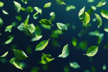 Poster - A bunch of green leaves floating through the air, suspended in mid-air