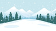 © LoveSan - Winter mountains in snowy weather. Winter landscape of a forest against a background of mountains and snow. Winter nature vector illustration for Christmas design. Hike concept.