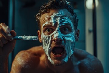 Poster - A close-up shot of a man shaving his face with a toothbrush, a unique and creative grooming method