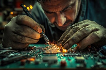 Poster - A person is assembling electronic components on a printed circuit board
