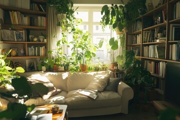 Poster - A warm and inviting living room filled with numerous books and lush greenery