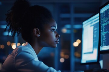 Wall Mural - A person sitting in front of a computer screen with a focused expression