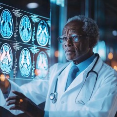 Poster - A professional in a white lab coat examines magnetic resonance imaging (MRI) scans