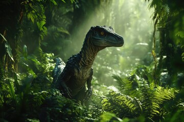 Poster - A T-Rex standing in a dense forest, surrounded by trees and foliage