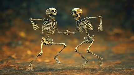   Two skeletons dance in a field, holding hands and lifting legs high